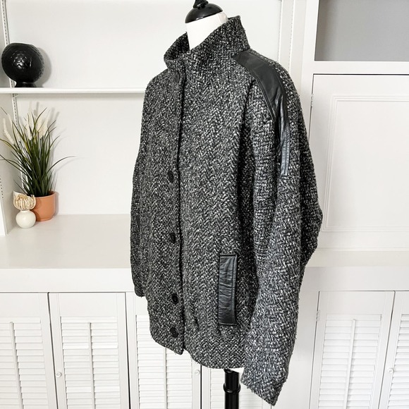 Vintage Jackets & Blazers - Vintage Oversized Speckled Boucle Herringbone Leather Stripe Pleated Jacket Sz L